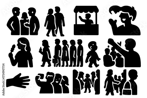 Night Market Icons. Solid style icons of Night market crowd scenes: chatting group, couple walking, vendor calling, customer