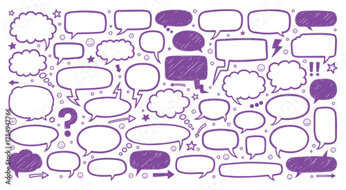 Doodle. Speech Bubble. A large hand drawn vector sketch set of various speech and thought bubbles for a presentation, a social media template, or a creative comic book design project.