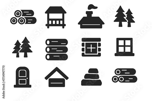 Mountain Cabin Essentials. Solid style icons of Mountain cabin essentials: woodpile, porch, chimney, forest, log walls, cabin