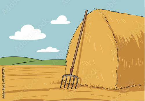 rustic hay bale with a pitchfork rests in a rural landscape -Pitch the passion- text overlay Simple inviting and evokes a sense of rural life and dedication Suitable for business and lifestyle themes