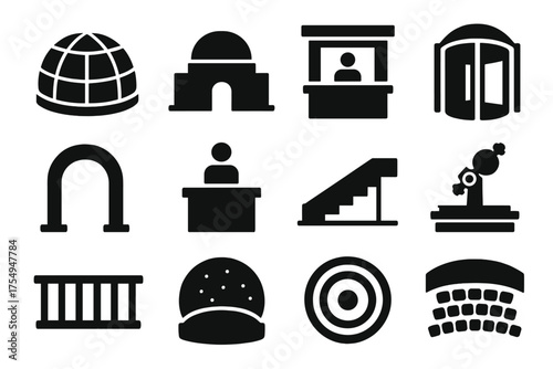 Planetarium Architecture Icons. Solid style icons of Planetarium architecture and interior: glass dome, building silhouette,