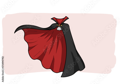 A stylized illustration of a cape vampire style, featuring a dramatic red and black cape with a jewel-adorned hood.  Bold, graphic design suitable for Halloween or fantasy themes.