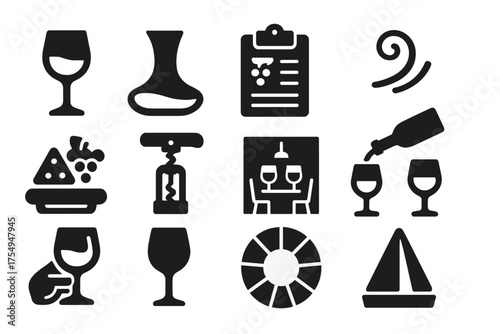 Wine Tasting Icons. Solid style icons of Wine Tasting: wine glass, decanter, tasting notes, aroma swirl, cheese board, bottle