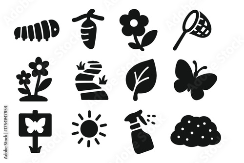 Butterfly Garden Icons. Solid style icons of Butterfly Garden: caterpillar, chrysalis, nectar flower, butterfly net, blooming