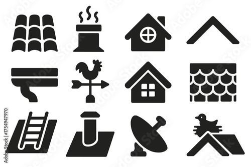 Rooftop Icons Collection. Solid style icons of Rooftop Features: roof tiles, chimney stack, attic window, ridge line, gutter edge,
