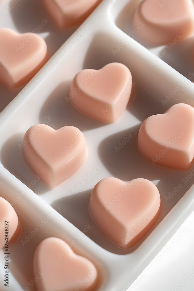 Obraz premium Heart-shaped treats in a white tray, perfect for Valentine's Day or a sweet gift. The soft pink hue adds a touch of love and charm to this dessert.