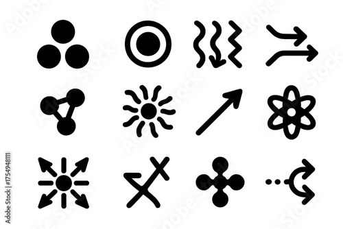 Subatomic Particles Icons. Solid style icons of Subatomic Particles: quark trio, electron dot, neutrino stream, boson symbol,