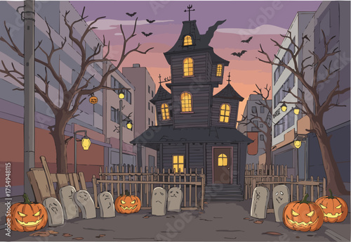 spooky Halloween scene features a gothic mansion with bats and pumpkins A charming stylized cityscape backdrop creates a festive eerie atmosphere Perfect for seasonal marketing!