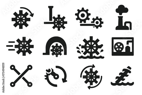 Paddle Wheel Mechanics. Solid style icons of Paddle Wheel Mechanics: rotating paddles, axle structure, gear assembly, steam