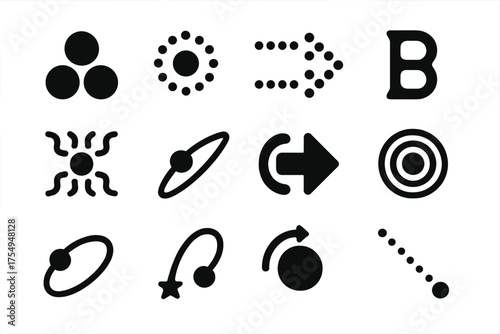 Subatomic Particles Icons. Solid style icons of Subatomic Particles: quark trio, electron dot, neutrino stream, boson symbol,