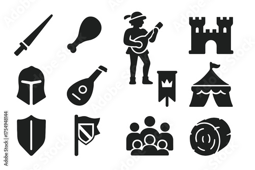 Renaissance Fair Icons. Solid style icons of Renaissance Fair: jousting lance, turkey leg, minstrel figure, stone castle, knight