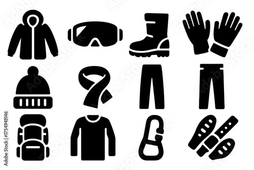 Outdoor Snow Gear. Solid style icons of Outdoor Snow Gear: insulated coat, snow goggles, thermal boots, waterproof gloves, snow