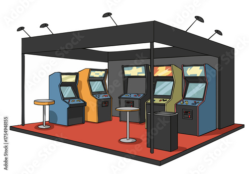 A vibrant arcade booth showcases classic arcade cabinets. Bold colors and a red carpet create an engaging, retro atmosphere. Perfect for entertainment, gaming, or event displays.