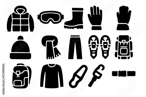 Outdoor Snow Gear. Solid style icons of Outdoor Snow Gear: insulated coat, snow goggles, thermal boots, waterproof gloves, snow