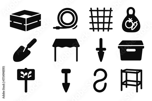 Urban Farming Icons. Solid style icons of Urban Farming Tools: modular bed, irrigation hose, trellis net, compost scoop, sun shade