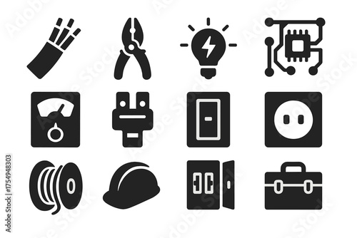 Electrician Tools Icons. Solid style icons of Electrician: electrical wire, cutting pliers, glowing light bulb, circuit board,