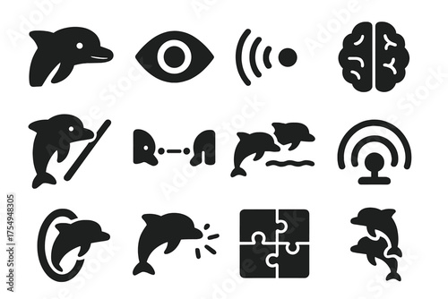 Intelligent Creature Icons. Solid style icons of Intelligent Creatures: dolphin head, open eye, sonar waves, brain icon, tool use,