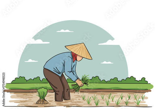 A Vietnamese farmer plants rice seedlings in a flooded paddy field.  A serene, rural scene with a traditional hat. ?Plant the Promise? text overlay.  Warm, earthy tones.