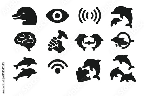 Intelligent Creature Icons. Solid style icons of Intelligent Creatures: dolphin head, open eye, sonar waves, brain icon, tool use,