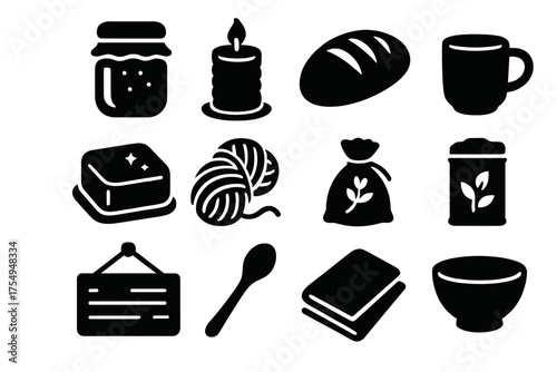 Artisan Goods Icons. Solid style icons of Artisan Goods: glass jar of jam, beeswax candle, fresh bread loaf, soap bar, wool skein,