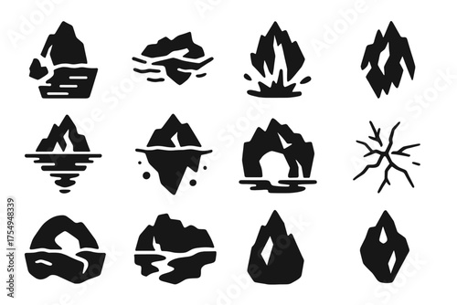 Iceberg Icon Set. Solid style icons of Iceberg Features: calving iceberg, floating chunk, sea splash, jagged edge, ice reflection,