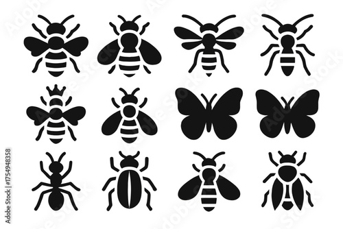 Insect Icon Collection. Solid style icons of Bees and Insects: honeybee, bumblebee, wasp, hornet, queen bee, drone bee, butterfly,