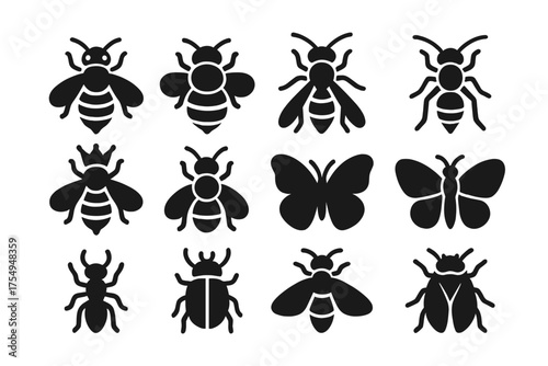 Insect Icon Collection. Solid style icons of Bees and Insects: honeybee, bumblebee, wasp, hornet, queen bee, drone bee, butterfly,