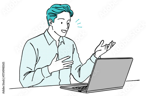 ノートパソコンに向かって話す男性の線画イラスト,オンライン会議,プレゼン,リモートワーク,説明