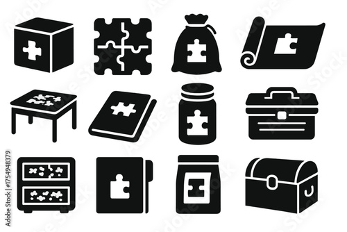Puzzle Storage Icons. Solid style icons of Puzzle Storage: puzzle box, sorting tray, storage bag, roll-up mat, puzzle table, cover