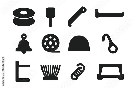 Typewriter Parts Icons. Solid style icons of Typewriter Parts: ribbon spool, type slug, metal arm, guide rail, bell ringer, roller