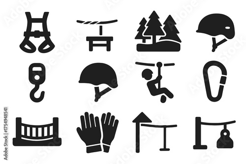 Zipline Adventure Icons. Solid style icons of Zipline: safety harness, steel cable, wooden platform, forest canopy, pulley system,