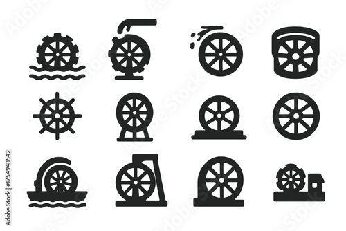 Solid Water Wheel Icons. Solid style icons of Water Wheel Types: undershot wheel, overshot wheel, breastshot wheel, tub wheel,