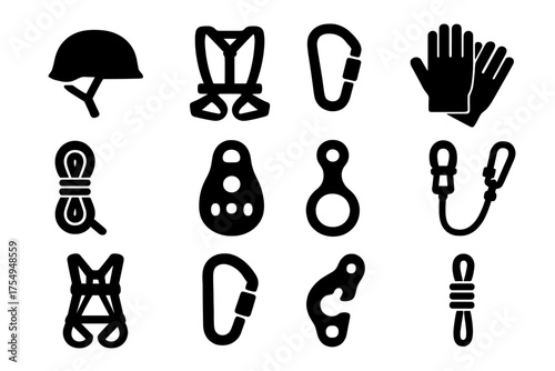 Safety Gear Icons. Solid style icons of Safety Gear: helmet, harness, carabiner, gloves, rope, pulley, brake pad, lanyard, safety