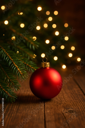Boule de noël  rouge sur table en bois et sapin