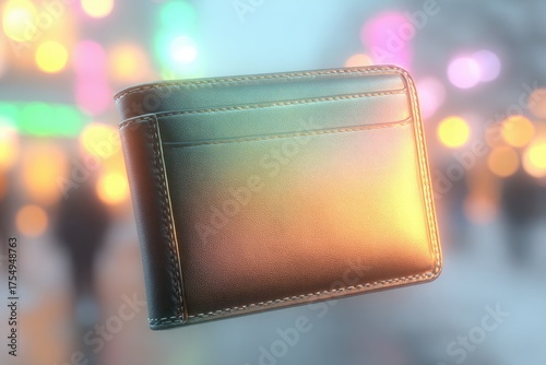 Stylish wallet floating against blurred, colorful background, creating intrigue
