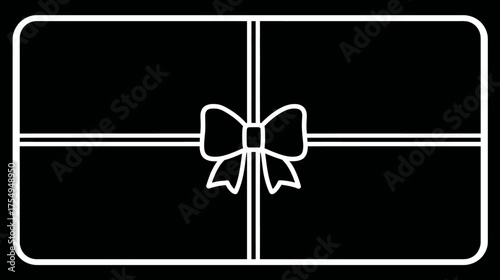 Outline gift card with ribbon and bow, black background, white outline, clean design