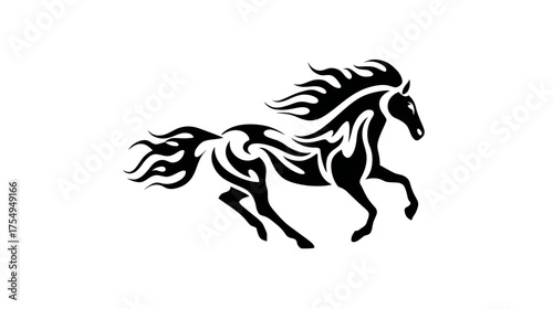 Dynamic black horse silhouette with swirling, flame-like patterns on a white background