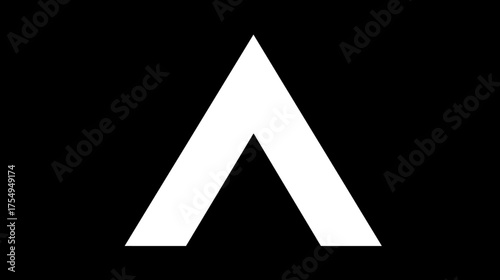 A large white chevron points upward against a solid black background