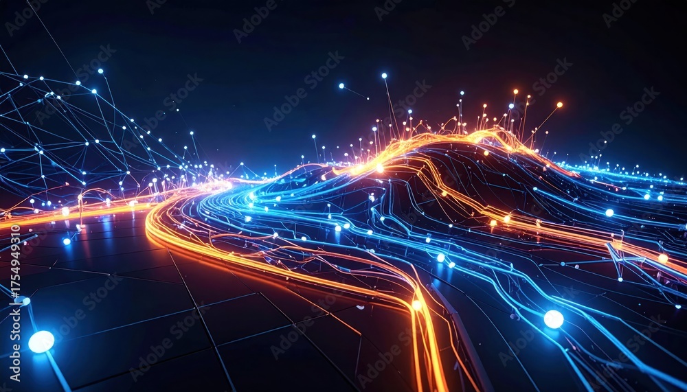 Fototapeta premium Abstract technology network with glowing lines and connected dots on dark surface
