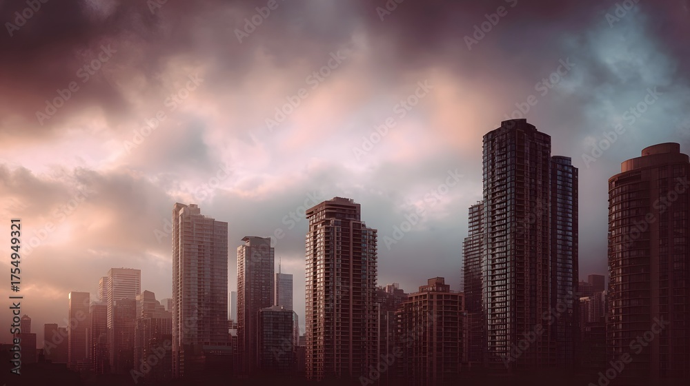 Fototapeta premium A dramatic warm toned cityscape featuring a dense cluster of urban skyscrapers under a moody cloudy sky