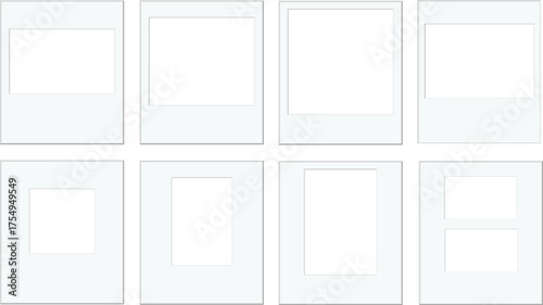 Blank photo frame collection template with clean white border design for creative display. Perfect for digital collage, gallery, and scrapbook layouts. Minimal mockup frames for artwork or photography