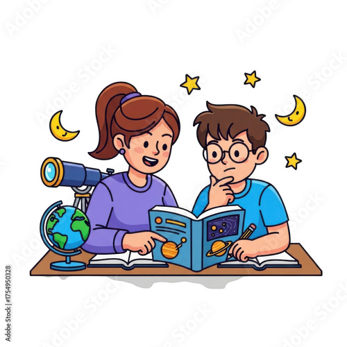 Children learning about space astronomy with telescope and globe creating a starry night scene isolated on transparent background