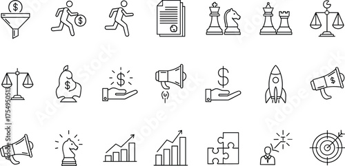 Business icon set, finance symbols, strategy visuals, CAD drawing, vector illustration, dollar sign, chess piece, funnel, growth chart, megaphone