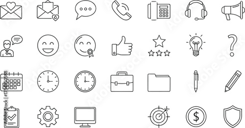 Communication icon set, business productivity symbols, CAD drawing, vector illustration, envelope, speech bubble, calendar, gear, checklist, monitor
