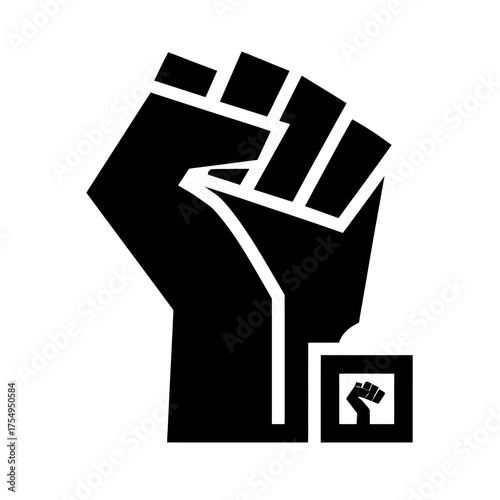 Black and white illustration of a raised fist, a symbol of solidarity and power. Contains a small fist logo