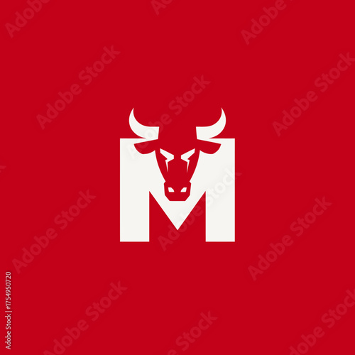 White bull head integrated into letter 'M' on a stark red background