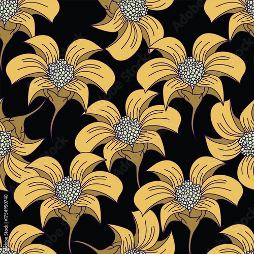 Floral botanical vector texture pattern with flowers and leaves. Seamless pattern can be used for wallpaper, pattern fills, web page background, surface textures.