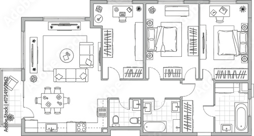 Apartment layout, residential floor plan, modern interior, architectural blueprint, home design, vector drawing, furniture arrangement, CAD sketch, flat illustration, balcony view