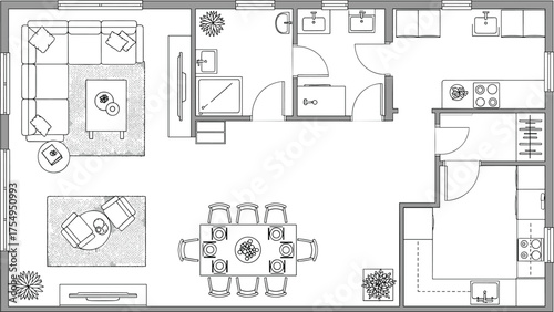 Residential layout, apartment floor plan, living room design, kitchen setup, dining area blueprint, CAD drawing, vector illustration, bathroom plan, laundry zone, interior space