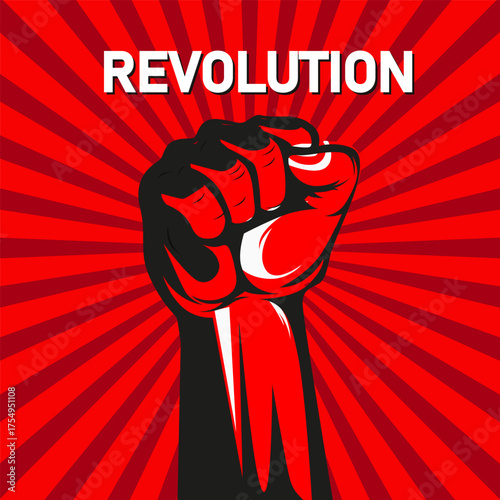 Powerful raised fist graphic on red striped background symbolizing protest and strength.Raised fist illustration on red striped background symbolizing revolution and strength